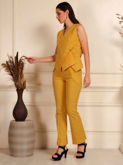 Mustard Yellow Sleeveless Waistcoat & Pant Co-Ord Set for Women - Fabium Fashion