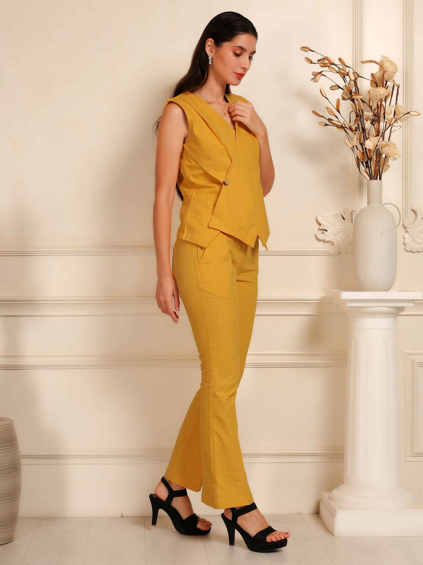 Mustard Yellow Sleeveless Waistcoat & Pant Co-Ord Set for Women - Fabium Fashion
