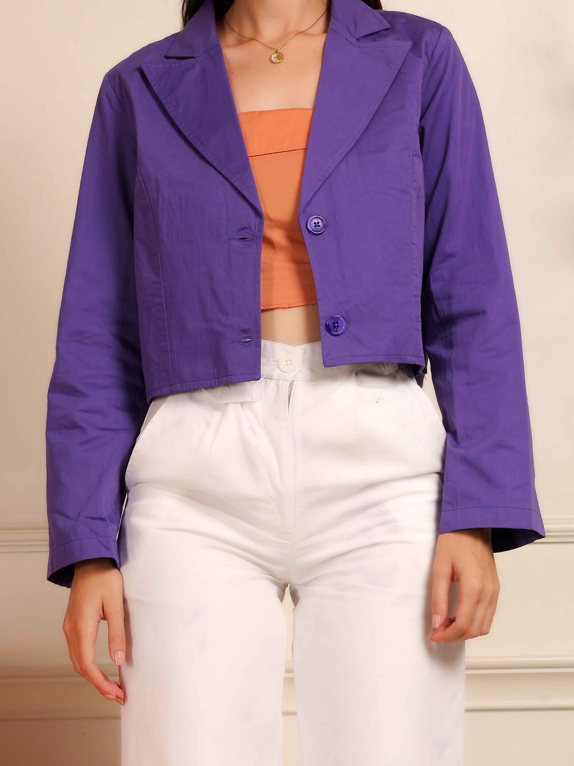 Purple Cropped Blazer with White Wide-Leg Pants Co-Ord Set - Fabium Fashion