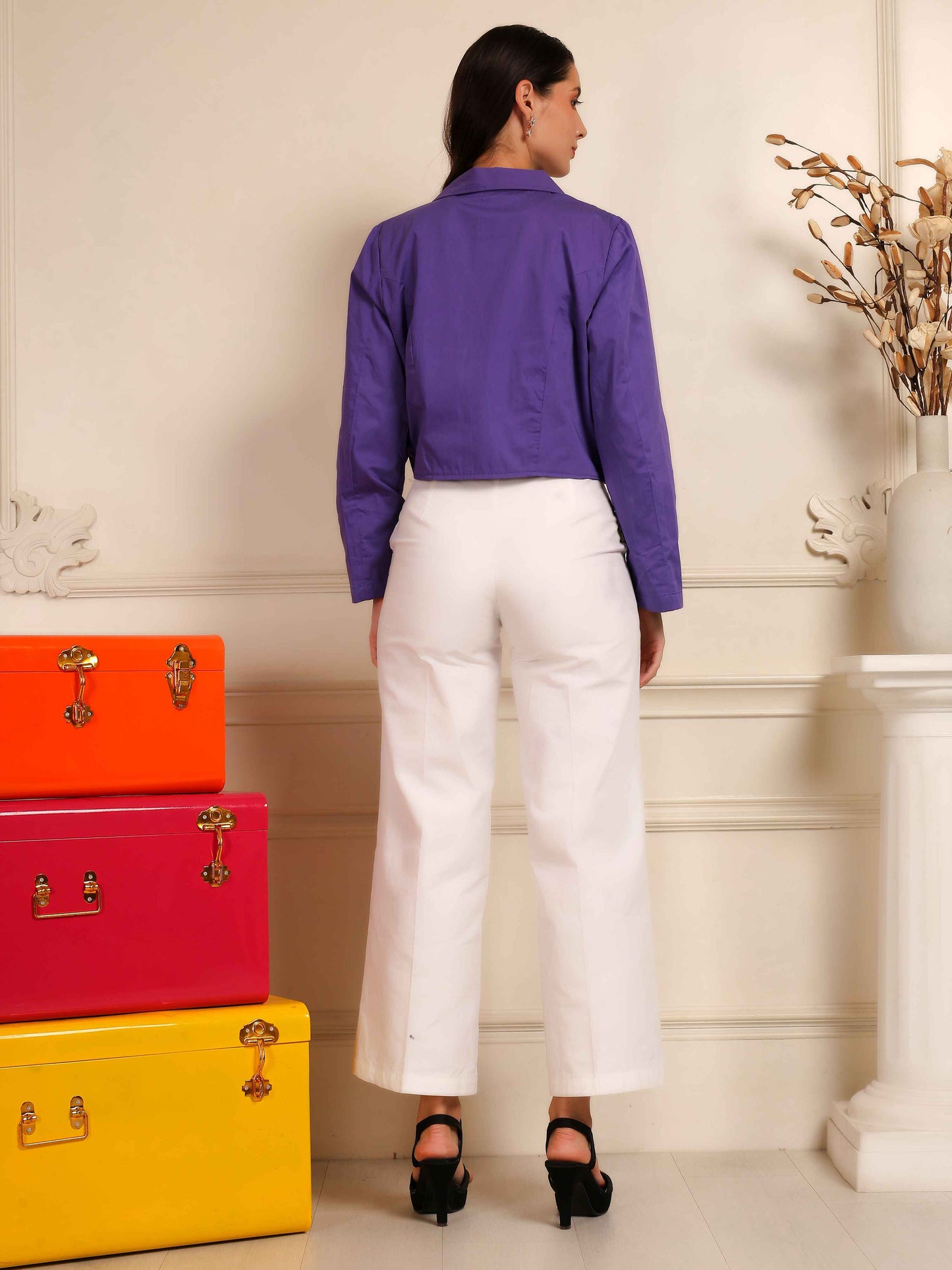 Purple Cropped Blazer with White Wide-Leg Pants Co-Ord Set - Fabium Fashion
