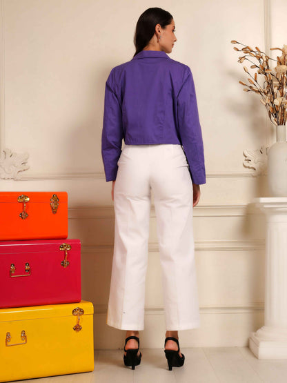 Purple Cropped Blazer with White Wide-Leg Pants Co-Ord Set - Fabium Fashion