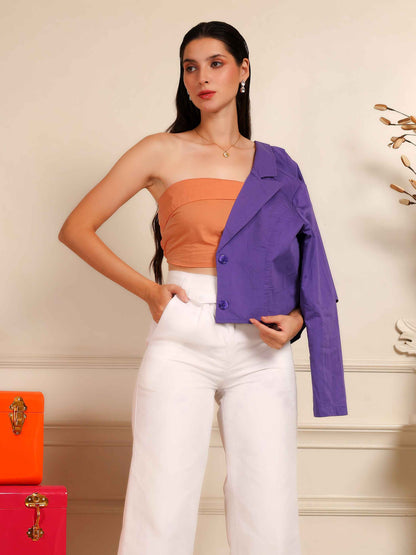Apricot bandeau crop top by Fabium Fashion, shown on a model, featuring a fitted, strapless design perfect for summer wear.