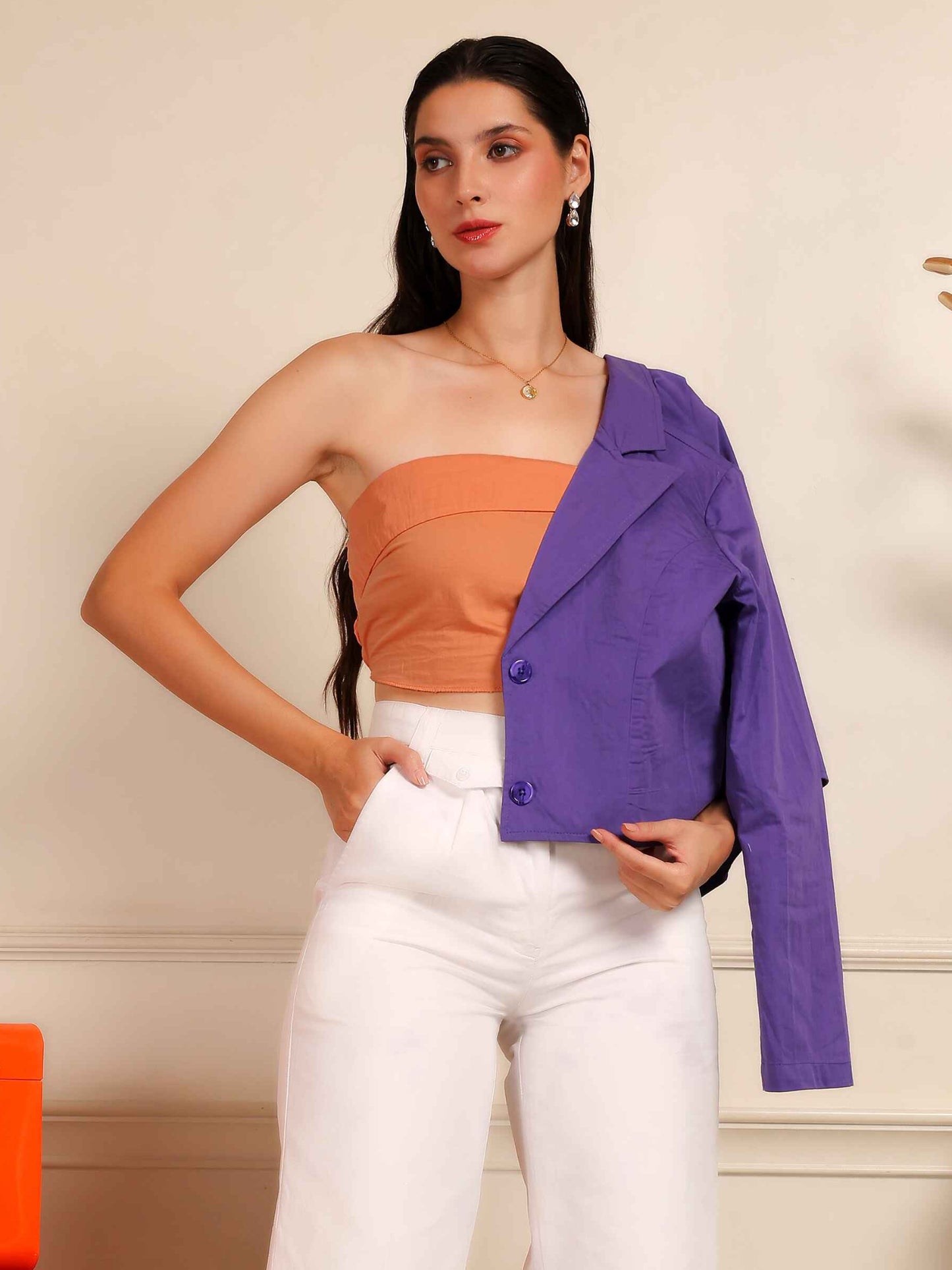 Peach Strapless Top & White Wide-Leg Pants Co-Ord Set - Fabium Fashion
