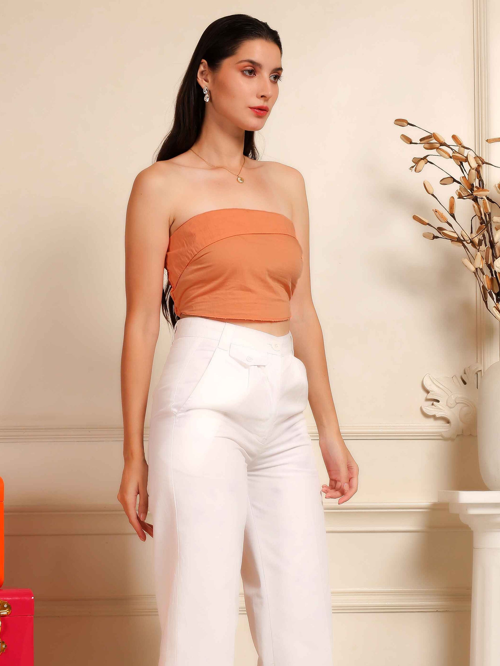 Peach Strapless Top & White Wide-Leg Pants Co-Ord Set - Fabium Fashion