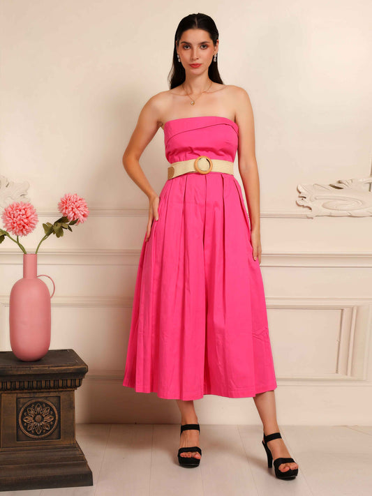 Hot Pink Strapless Midi Dress with Belt - Fabium Fashion