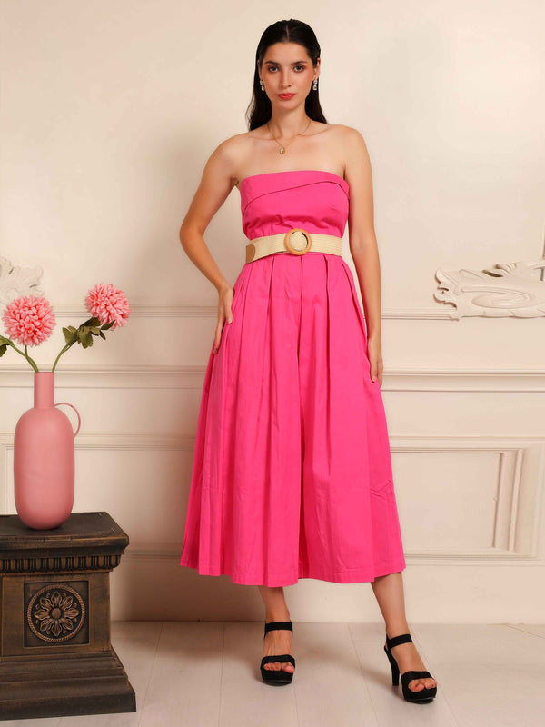Hot Pink Strapless Midi Dress with Belt - Fabium Fashion