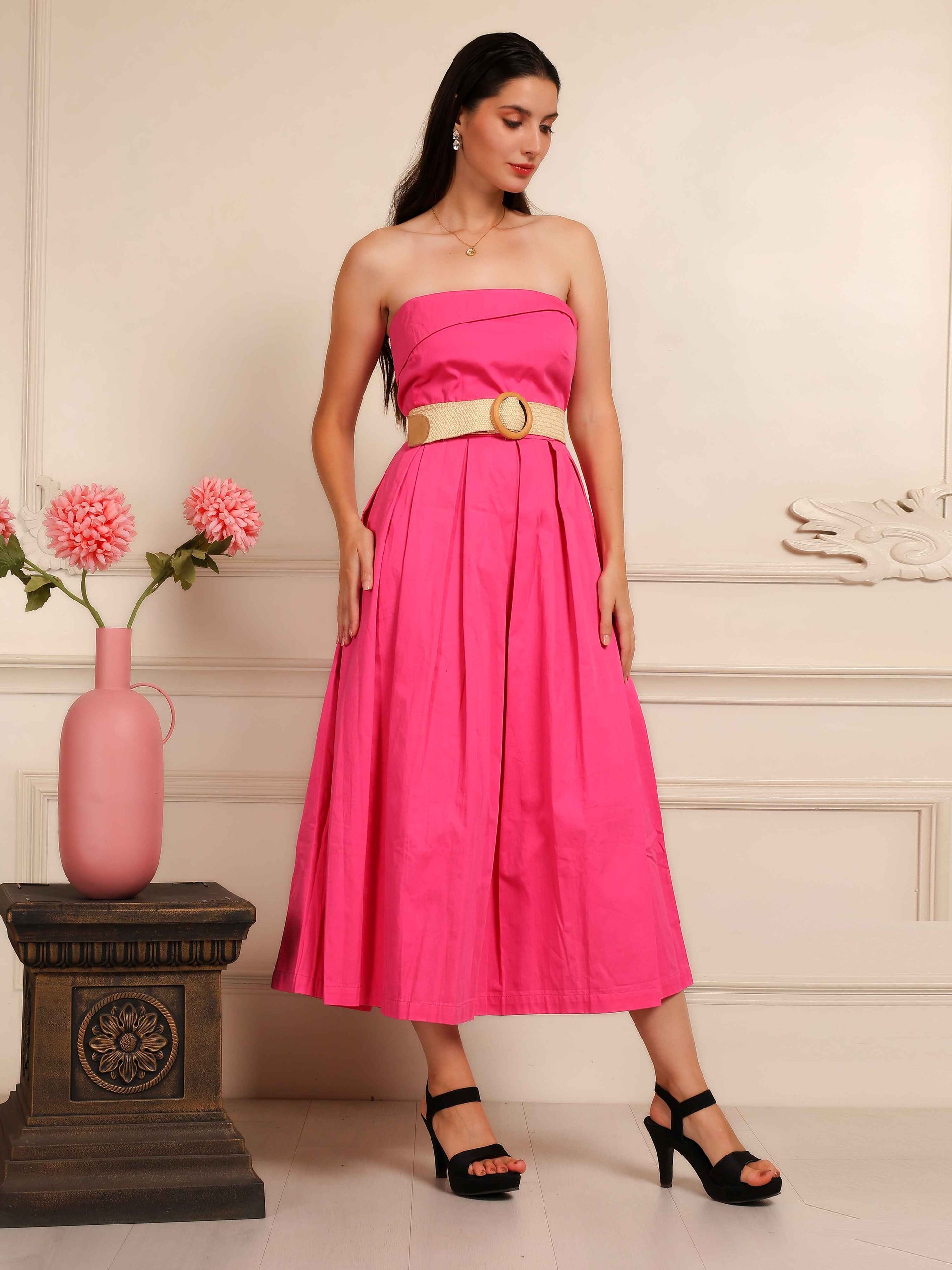 Hot Pink Strapless Midi Dress with Belt - Fabium Fashion