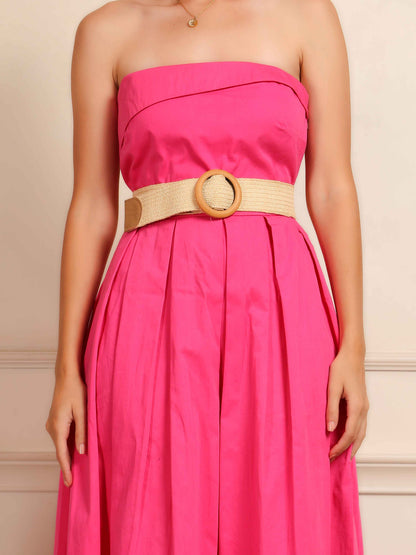 Hot Pink Strapless Midi Dress with Belt - Fabium Fashion