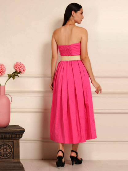 Hot Pink Strapless Midi Dress with Belt - Fabium Fashion