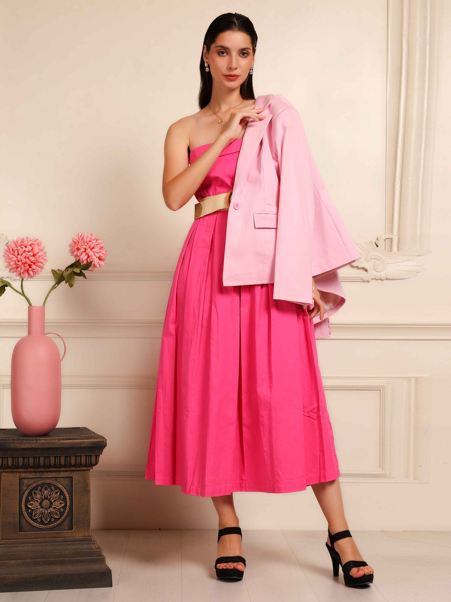 Hot Pink Strapless Midi Dress with Belt - Fabium Fashion