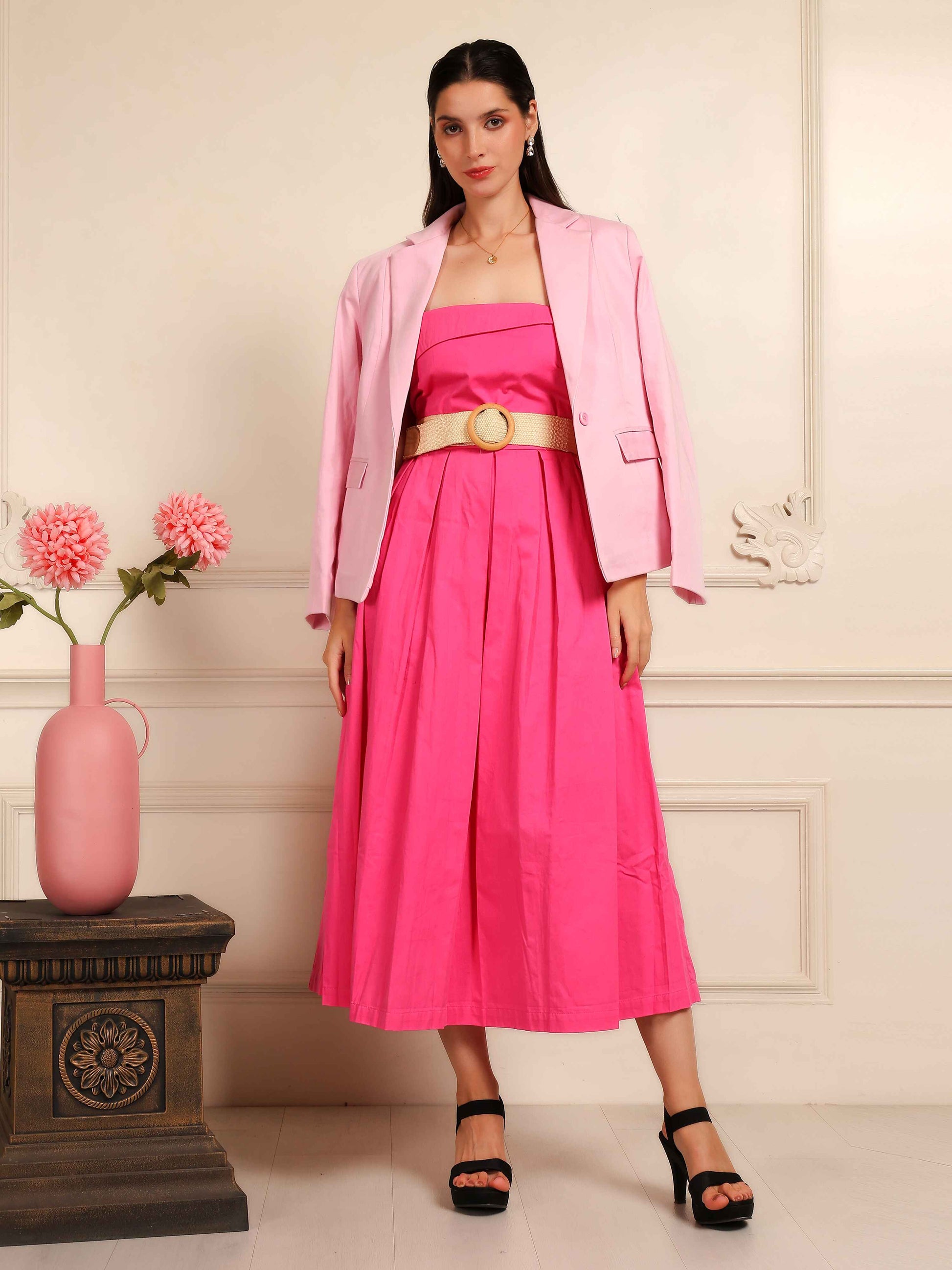 Hot Pink Strapless Midi Dress with Belt - Fabium Fashion