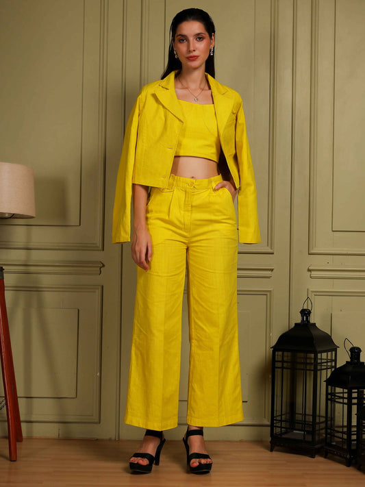 Sunshine Yellow 3-Piece Co-Ord Set (Jacket, Crop Top & Pants) - Fabium Fashion