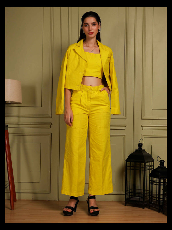 Sunshine Yellow 3-Piece Co-Ord Set (Jacket, Crop Top & Pants) - Fabium Fashion