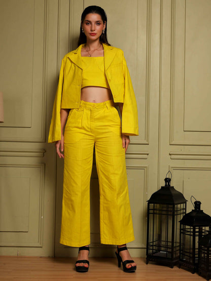 Sunshine Yellow 3-Piece Co-Ord Set (Jacket, Crop Top & Pants) - Fabium Fashion