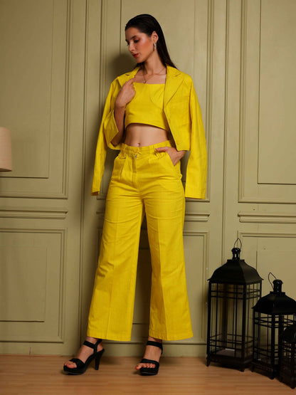 Sunshine Yellow 3-Piece Co-Ord Set (Jacket, Crop Top & Pants) - Fabium Fashion